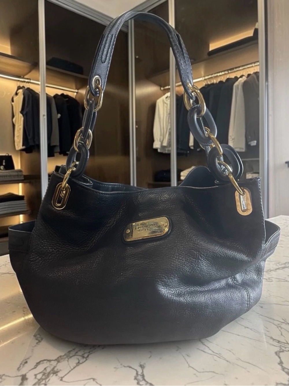 Liz Claiborne Black Pebbled Leather Hobo Shoulder Bag Gold Chain Strap